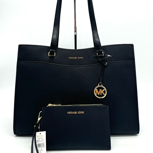 Michael Kors Large MF Pocket Shoulder Tote Bag & Double Zip Wallet Black/Gold - Picture 2 of 16